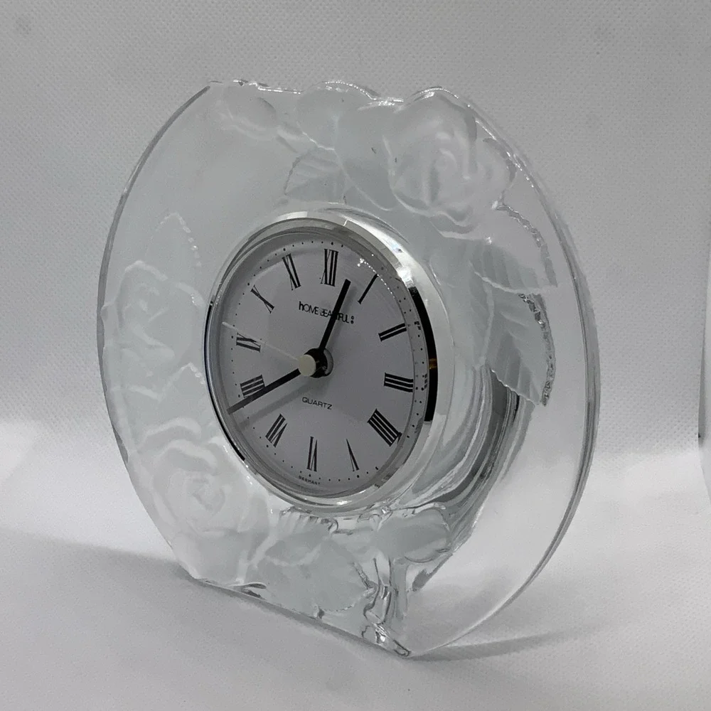 Vintage Mantel Desk Clock Home Beautiful Glass Etched Roses Japan & Quartz 5x6